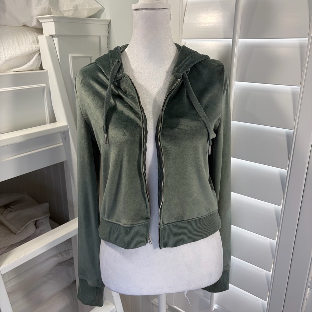 Aerie Dreamy Velour Cropped Hoodie in Royal Palm - Picture 6 of 16